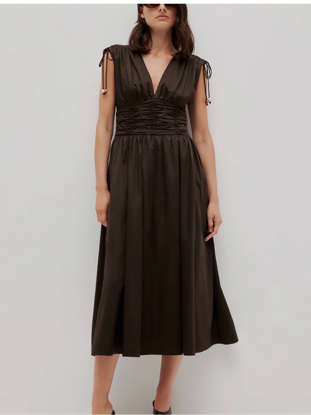 Aje Laure Midi Dress Chocolate Brown V-Neck Ruched Midi Dress